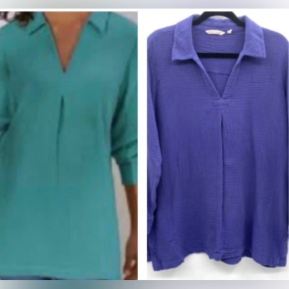 Soft surroundings boho textured lagenlook pullover cotton collared woman’s top L - Picture 1 of 9